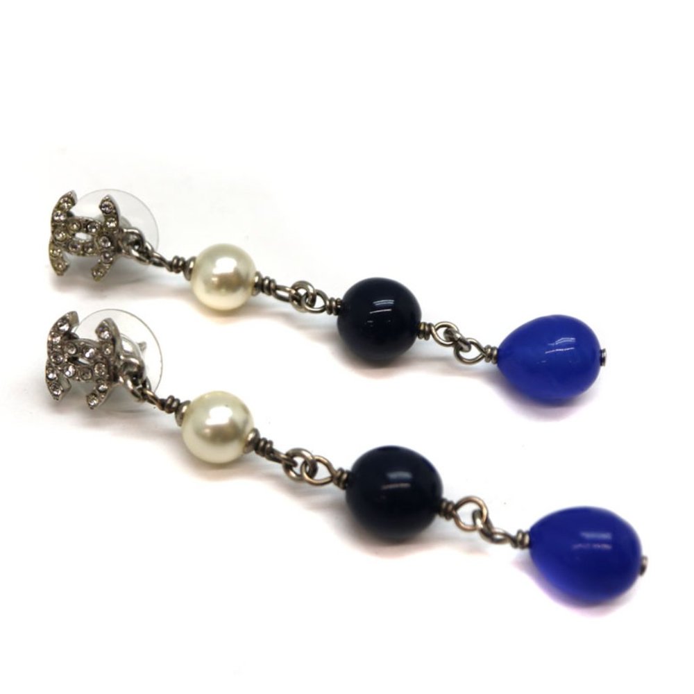 CHANEL Blue White Pearl Long Strand Triple Pearl Stone Earrings